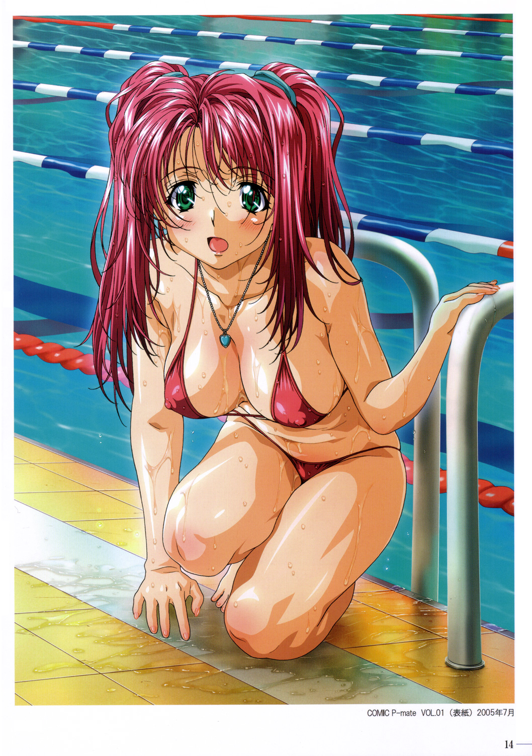 barefoot bikini blush breasts copyright_request covered_nipples green_eyes heart highres jewelry kneeling large_breasts lovers micro_bikini necklace open_mouth pendant pool pool_ladder poolside red_hair scan solo swimsuit taki_minashika twintails water wet