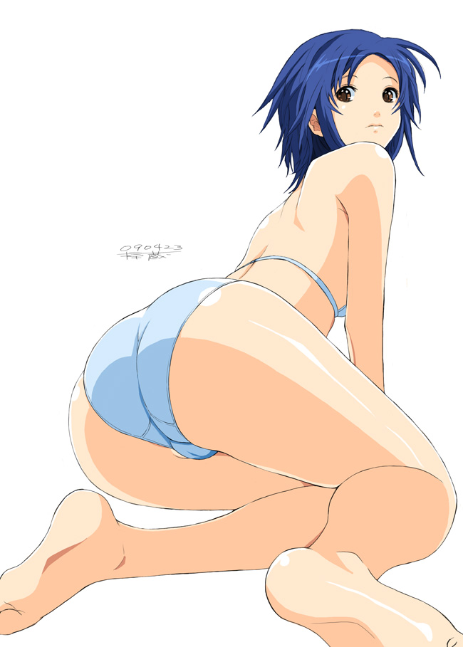 all_fours aqua_bra aqua_panties ass barefoot blue_hair bra brown_eyes butt_crack cameltoe copyright_request feet from_behind lingerie looking_back panties ryouzou short_hair simple_background soles solo trefoil underwear underwear_only