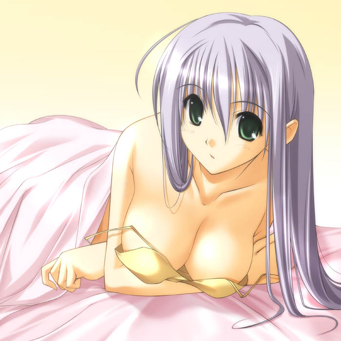 ahoge artist_request bare_shoulders bed blanket breasts cleavage collarbone copyright_request crossed_arms green_eyes hanging_breasts large_breasts lying off_shoulder on_stomach purple_hair solo under_covers