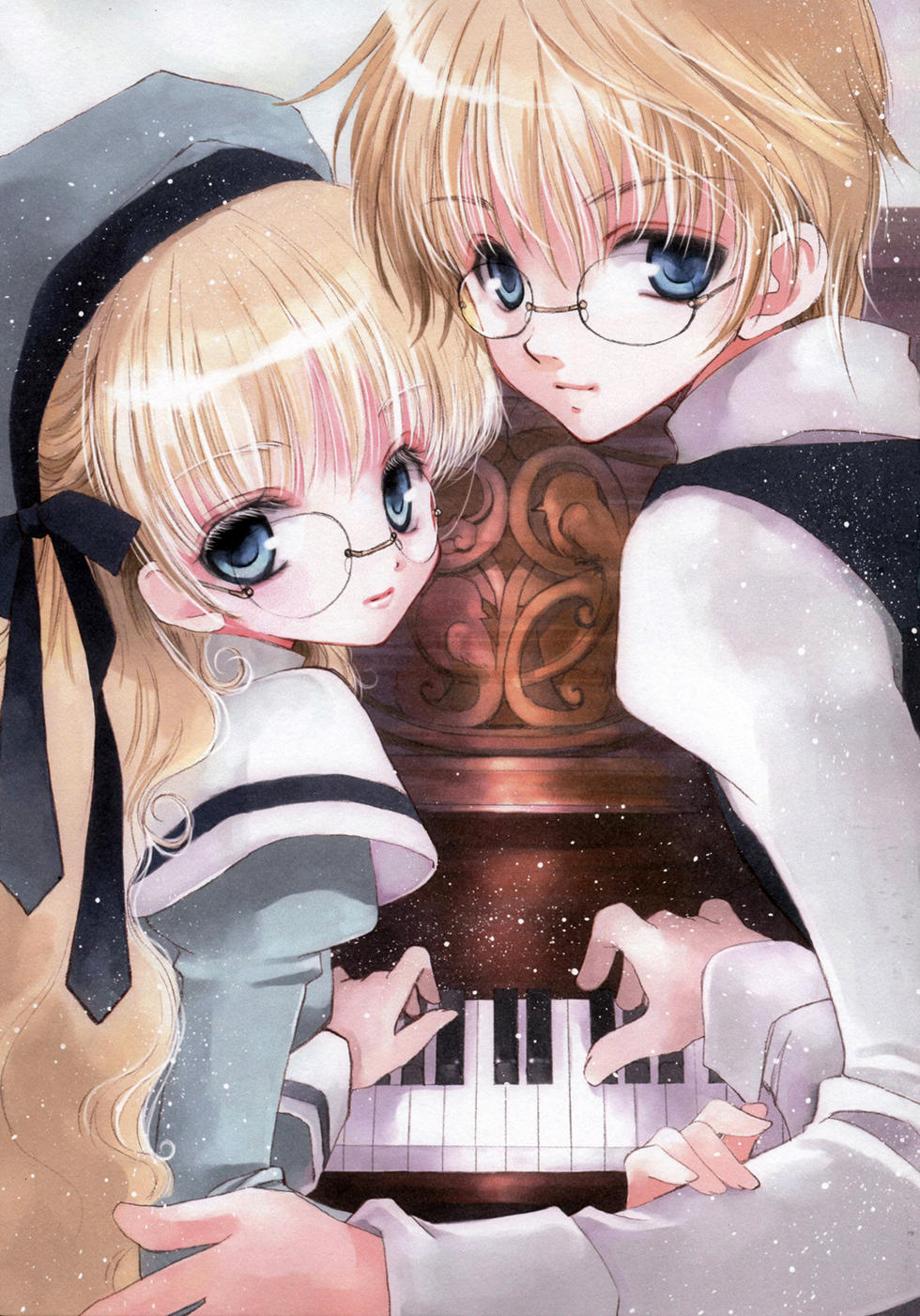 1girl blonde_hair blue_eyes eyelashes glasses hato_rami highres instrument looking_at_viewer original piano ribbon