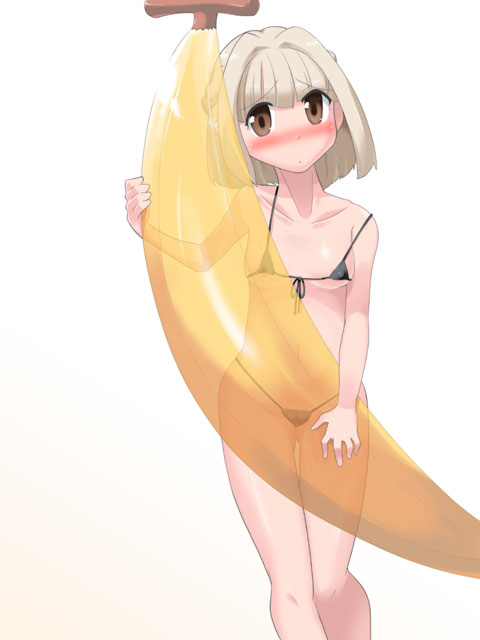 banana_boat bikini blonde_hair blush brown_eyes front-tie_bikini front-tie_top hidamari_sketch holding inflatable_toy micro_bikini nazuna nose_blush solo strap_slip swimsuit toku_sonchou transparent