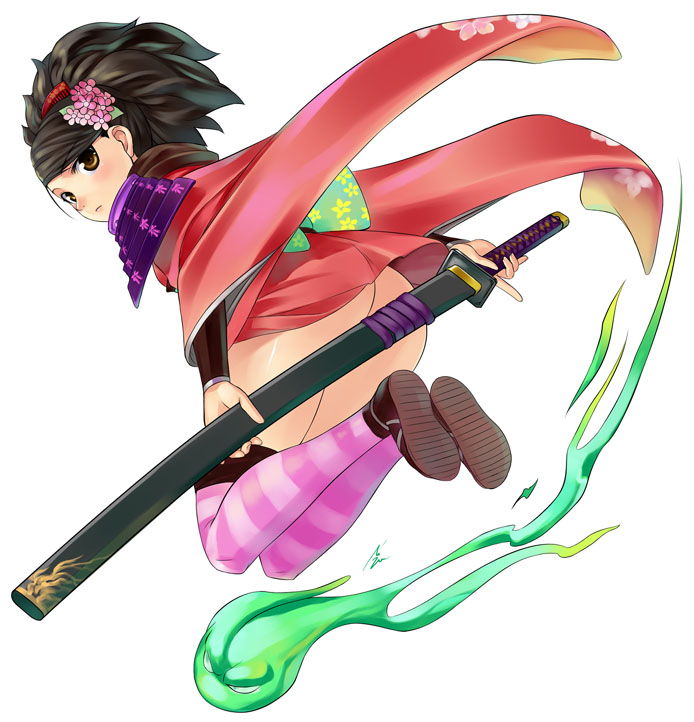 ass black_hair brown_eyes censored convenient_censoring hair_ornament hitodama izuna_jinkuro japanese_clothes katana kimono mizuki_gyokuran momohime no_panties oboro_muramasa sheath sheathed short_kimono signature simple_background striped striped_legwear sword thighhighs weapon