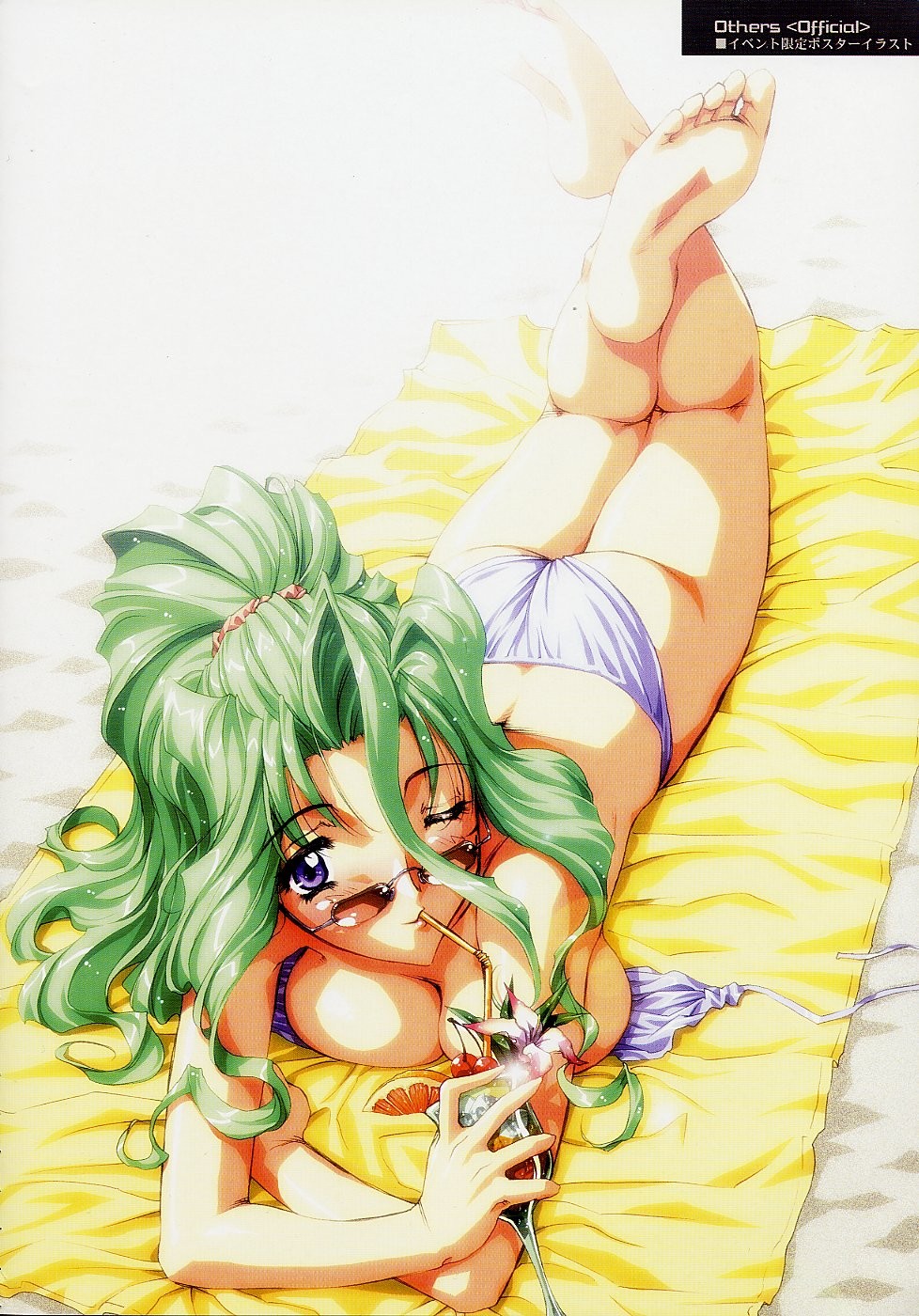 artist_request barefoot bikini blush breast_press breasts copyright_request feet glasses green_hair highres large_breasts purple_eyes scan solo swimsuit