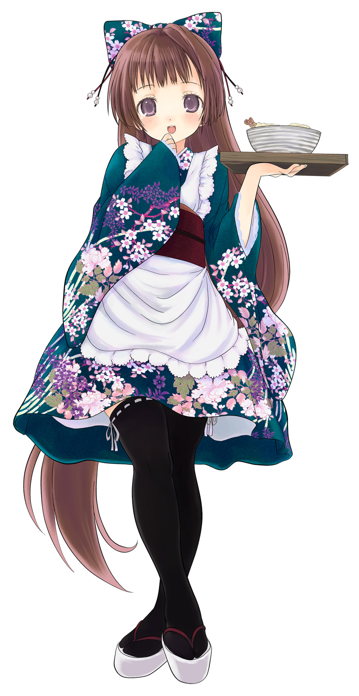 :d apron bangs black_legwear blush bowl brown_hair clog_sandals crossed_ankles floral_print food frilled_apron frills full_body hair_ribbon hand_to_own_mouth highres holding holding_tray japanese_clothes kimono legs long_hair long_sleeves looking_at_viewer mikazukimo obi open_mouth original print_ribbon purple_eyes ribbon ribbon-trimmed_legwear ribbon_trim sash simple_background smile solo standing thighhighs tray upskirt very_long_hair wa_maid waitress white_background wide_sleeves zettai_ryouiki