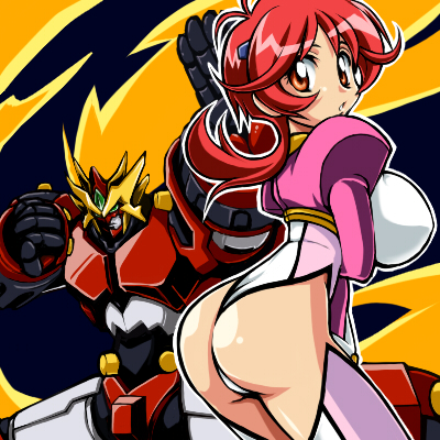 antenna_hair aoi_anna ass bangs black_background breast_hold breasts cowboy_shot fighting_stance fire flipped_hair from_side godannar hair_ornament highleg highleg_leotard huge_breasts leotard long_hair looking_at_viewer looking_back lowres mecha outline parted_bangs parted_lips puffy_sleeves red_eyes red_hair santoo_takeshi shinkon_gattai_godannar!! simple_background super_robot thighhighs thong_leotard