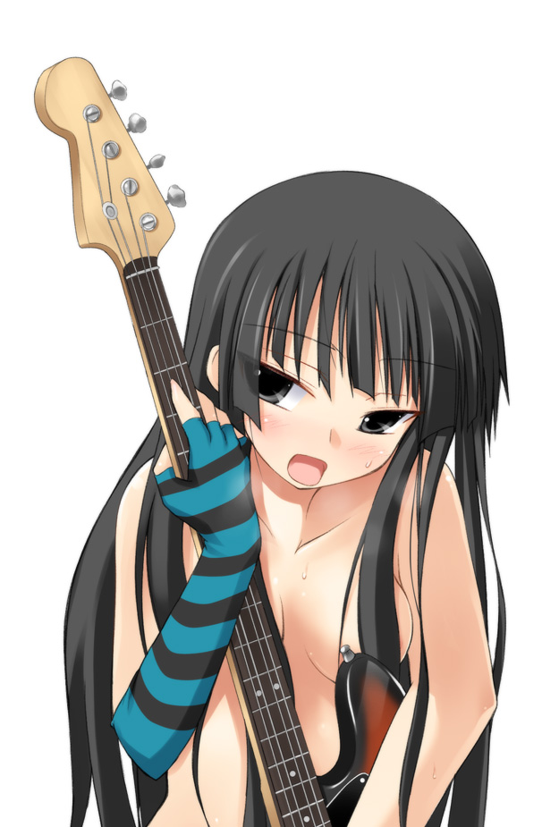 akiyama_mio bass_guitar breasts convenient_censoring don't_say_"lazy" eyebrows_visible_through_hair eyes_visible_through_hair fingerless_gloves gloves hair_censor hair_over_breasts holding holding_instrument instrument k-on! long_hair naughty_face nude open_mouth safi simple_background single_glove small_breasts solo striped striped_gloves sweat upper_body white_background