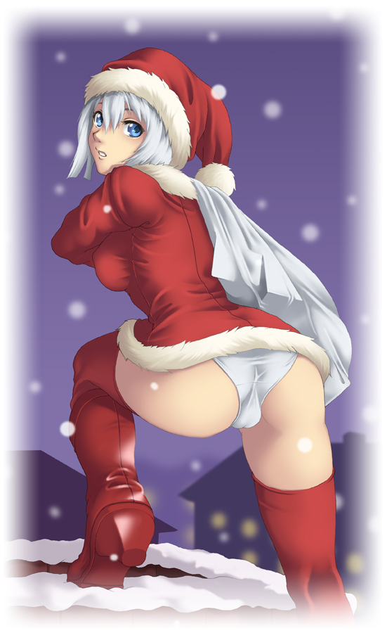 ass boots cameltoe christmas copyright_request hat panties santa_costume santa_hat short_hair snow solo thighhighs thor_(deep_rising) underwear white_hair