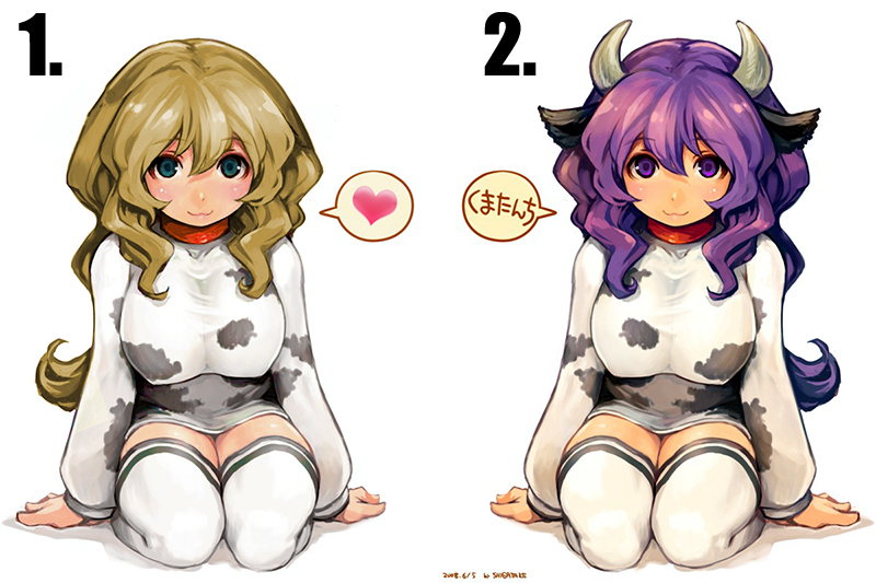 :3 animal_ears animal_print blue_eyes breasts brown_hair collar cow_ears cow_girl cow_print heart horns kumatanchi large_breasts long_hair multiple_girls purple_eyes purple_hair shigatake thighhighs ushi-oneesan