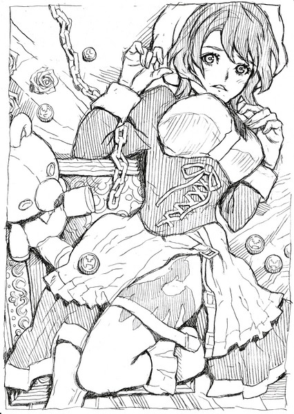 artist_request beret blush bow breasts chain coin dress flower frills greyscale hat large_breasts looking_at_viewer lying maid monochrome on_back open_mouth parted_lips ribbon rose shannon short_hair solo stuffed_animal stuffed_toy tattoo teddy_bear thighs umineko_no_naku_koro_ni