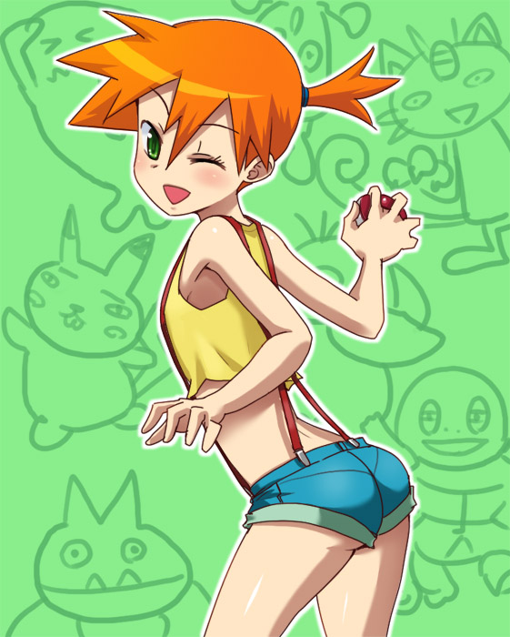 ass bad_id bad_pixiv_id bonsly cameo gen_1_pokemon gen_2_pokemon gen_4_pokemon green_eyes hashi holding holding_poke_ball kasumi_(pokemon) looking_back meowth munchlax one_eye_closed orange_hair pikachu poke_ball poke_ball_(generic) pokemon pokemon_(anime) pokemon_(creature) psyduck shorts side_ponytail smile solo squirtle suspenders tank_top wobbuffet