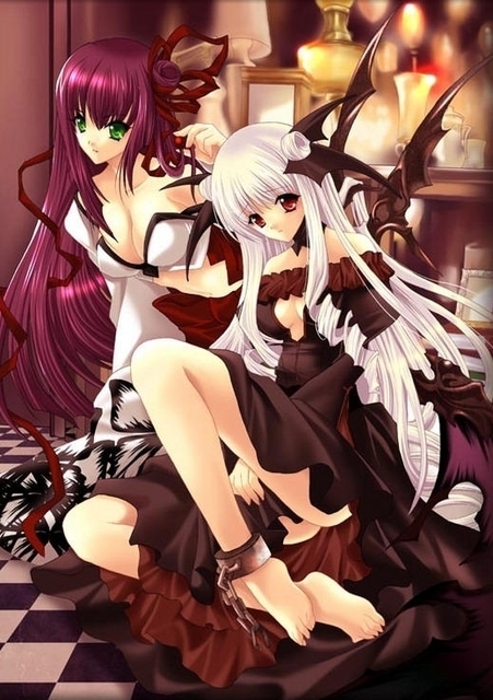 ankle_chain barefoot breasts candle demon_girl feet green_eyes long_hair purple_hair red_eyes sitting succubus thighhighs white_hair