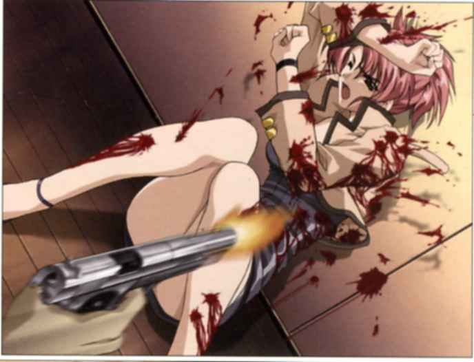 blood gun guro helpless pink_hair shot weapon