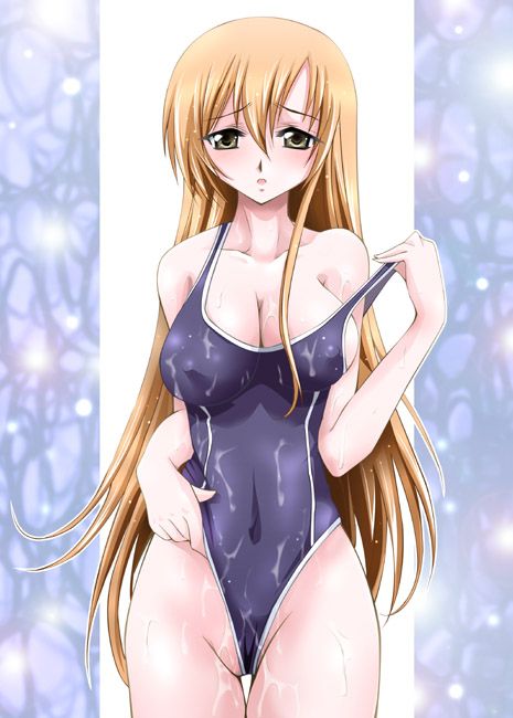 blush breasts brown_eyes brown_hair character_request cleavage code_geass large_breasts long_hair one-piece_swimsuit shirley_fenette swimsuit tagme_character undressing very_long_hair wet