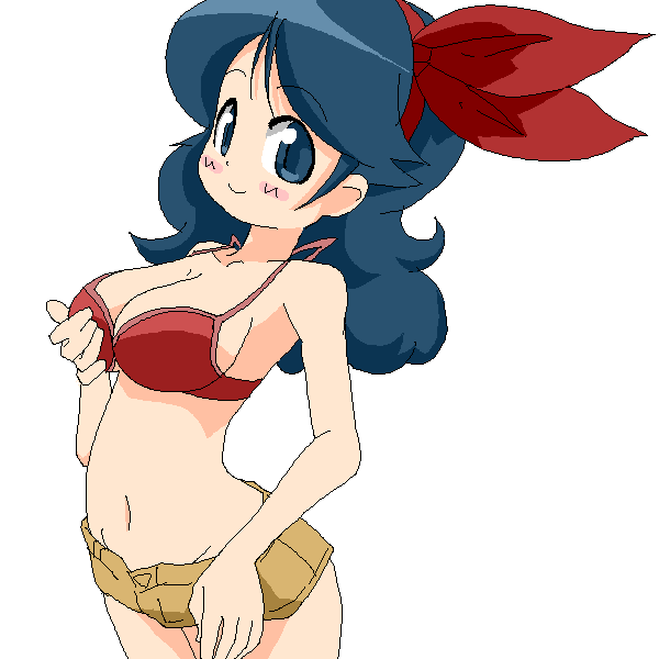 blue_eyes blue_hair bra breast_hold breasts cleavage curly_hair dragon_ball dragon_ball_(classic) hairband large_breasts lingerie lunch_(dragon_ball) midriff nemuro_nao oekaki shorts simple_background smile solo underwear white_background