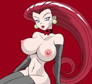 1girl breasts collar curvy detached_sleeves earrings female gloves huge_breasts jewelry lipstick long_hair lowres makeup musashi_(pokemon) naked_thighhighs naughty_face nipples nude pokemon red_hair simple_background solo team_rocket thighhighs very_long_hair