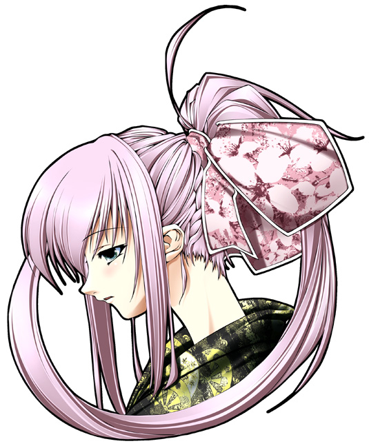 artist_request cherry_blossoms copyright_request hair_ribbon japanese_clothes kimono long_hair neck pink_hair ponytail profile ribbon solo