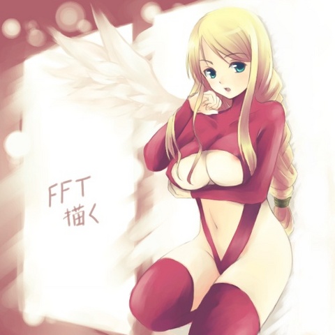 agrias_oaks angel_wings areola_slip areolae artist_request blonde_hair blue_eyes boots braid breast_hold breasts cosplay covered_nipples final_fantasy final_fantasy_tactics large_breasts leotard long_hair lowres red_legwear red_leotard single_braid single_wing solo thigh_boots thighhighs ultima_(fft) ultima_(fft)_(cosplay) underboob wings