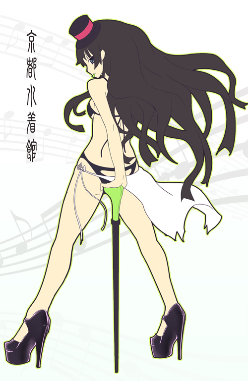 akiyama_mio bad_id bad_pixiv_id bangs black_hair blunt_bangs cane hat high_heels k-on! kendo_(artist) lingerie long_hair platform_footwear shoes solo underwear walking_stick