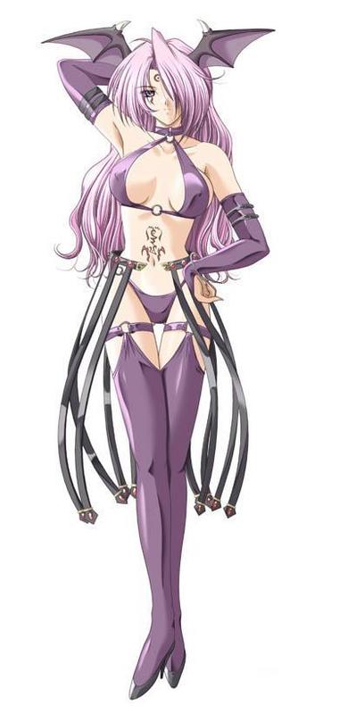 breasts demon_girl hand_on_hip head_wings hips leather_strap_ons long_hair navel purple_hair succubus