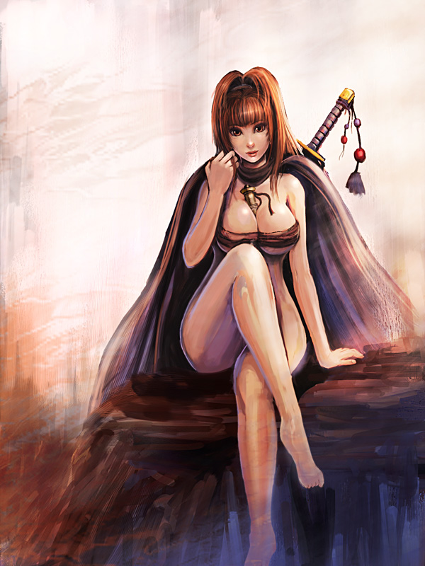 akatsuhara_empire barefoot bccp between_breasts bottomless breasts cape cleavage crossed_legs feet large_breasts legs pixiv_fantasia pixiv_fantasia_3 red_hair sitting solo sword thighs underboob weapon