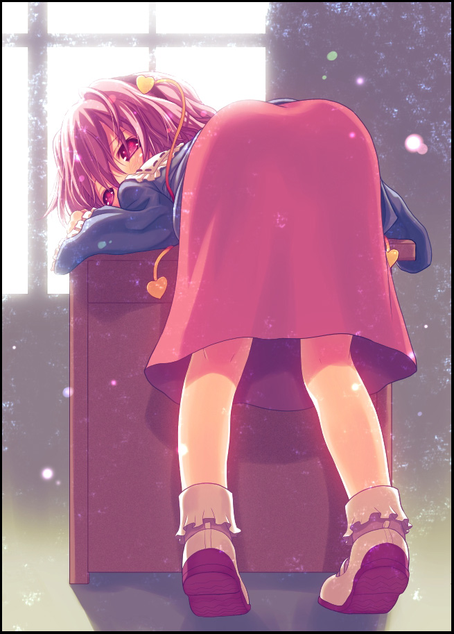 ass bad_id bad_pixiv_id bent_over from_behind kiira komeiji_satori looking_back pink_eyes purple_hair short_hair skirt solo touhou window