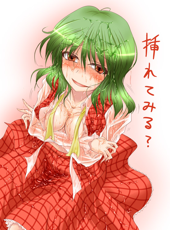blush breasts cleavage dutch_angle from_above green_hair kazami_yuuka large_breasts open_clothes open_shirt plaid plaid_skirt plaid_vest red_eyes shimo_(depthbomb) shirt skirt skirt_set smile solo touhou translated untied vest wet