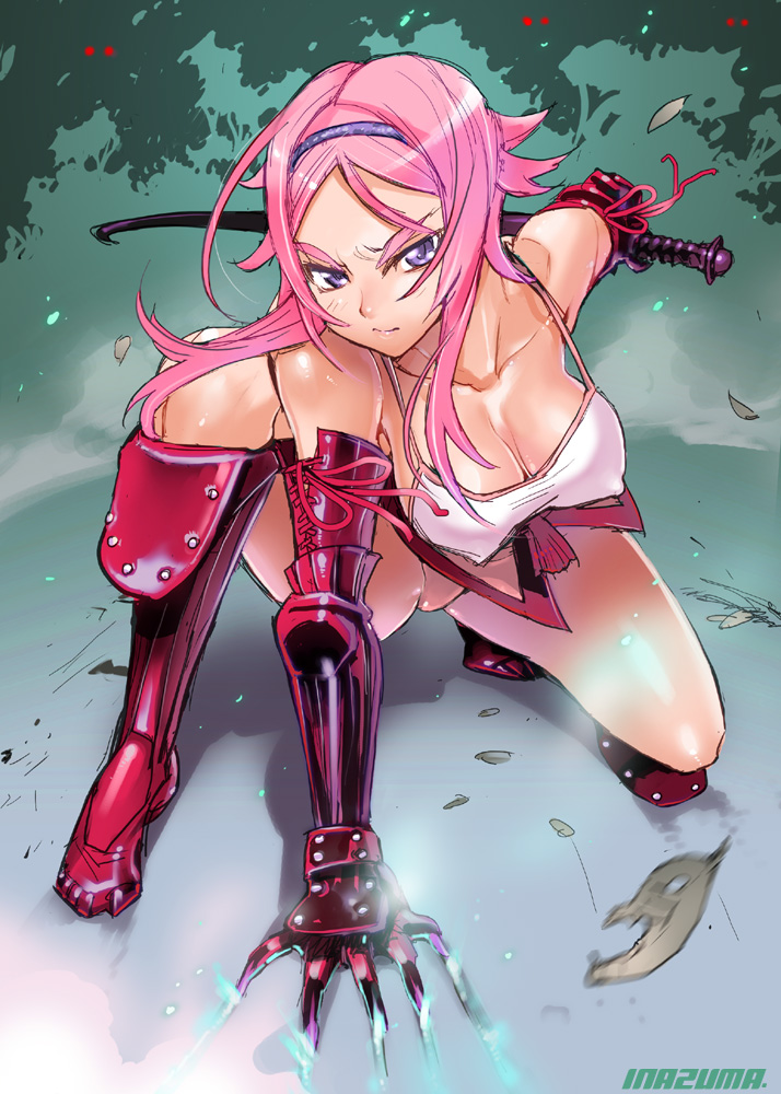 angry breasts claws cleavage inazuma large_breasts pink_hair satou_shouji skirt sword weapon