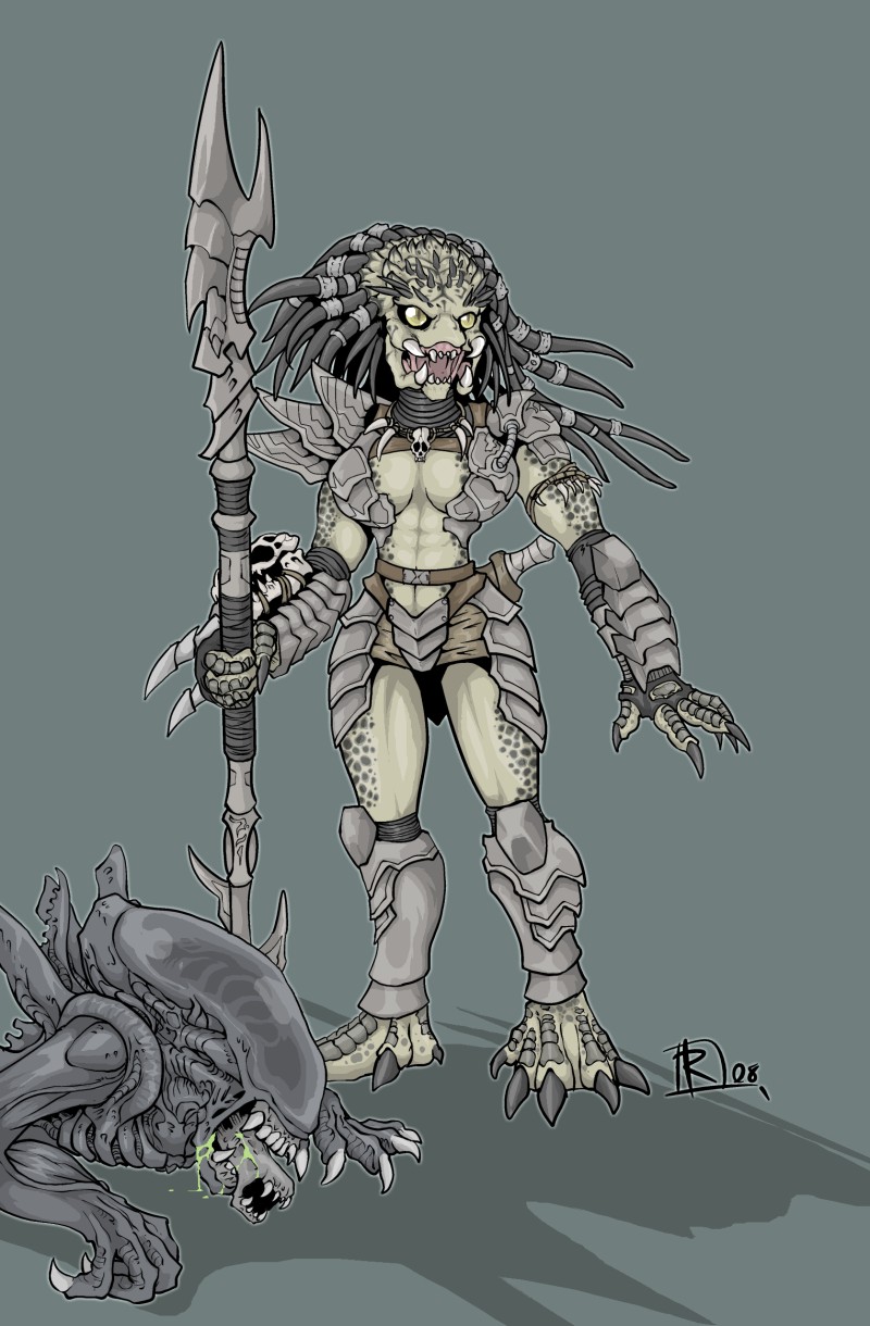alien alien_(franchise) armband armor belt big_breasts breastplate breasts claws cleavage_cutout dreadlocks eyeless female fingerless_gloves glaive gloves greaves hairlocs hidden_weapon highres jewelry large_breasts mandibles midriff monster monster_girl necklace polearm predator predator_(franchise) reho sheath skull skulls solo spaulders spear spots unconvincing_armor weapon wrist_blades xenomorph yautja yellow_eyes