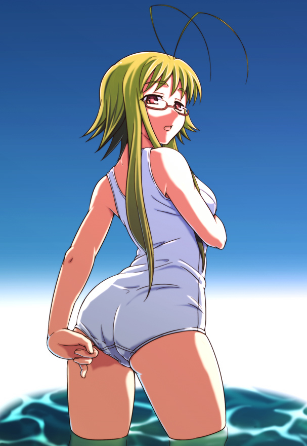 adjusting_clothes adjusting_swimsuit antenna_hair ass asu_no_yoichi cowboy_shot day e20 from_behind from_below glasses green_hair ikaruga_chihaya long_hair looking_at_viewer looking_back looking_down one-piece_swimsuit open_mouth red_eyes school_swimsuit short_hair_with_long_locks sidelocks solo swimsuit wading water white_swimsuit