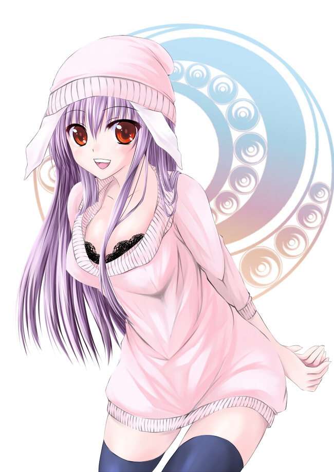 alternate_costume animal_ears arms_behind_back beanie bra bunny_ears casual contemporary hat leaning_forward lingerie open_mouth pink_hair red_eyes reisen_udongein_inaba smile solo sweater thighhighs touhou underwear utakata_(kochou_no_yume) zettai_ryouiki