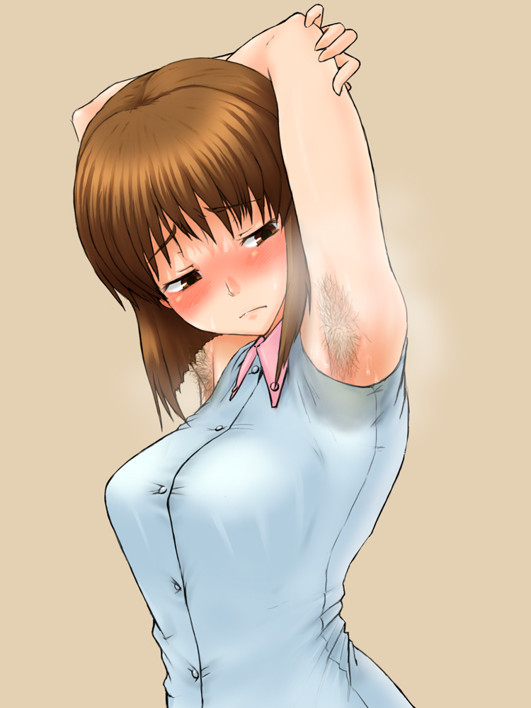 armpit_hair armpits arms_up blush embarrassed hagiwara_yukiho idolmaster odor sakatashikibu short_hair smell sweat