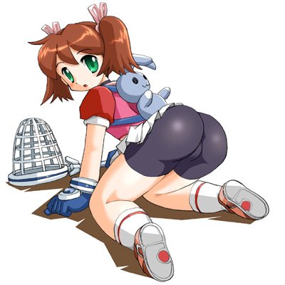 1girl all_fours ape_escape ass backpack bag bike_shorts blush brown_hair bunny cameltoe female footwear full_body green_eyes hair_ribbon looking_back lowres net open_mouth randoseru ribbon saru_getchu sayaka sayaka_(ape_escape) sayaka_(saru_getchu) shoes short_hair short_twintails simple_background skirt sneakers socks solo twintails