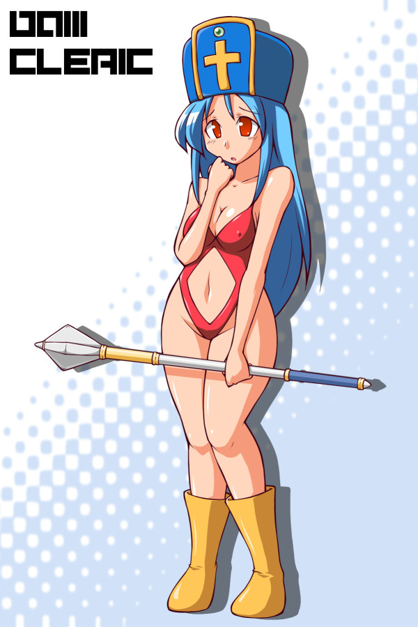 bad_id bad_pixiv_id blue_hair boots breasts character_name chiki_(chikibw) cleavage copyright_name covered_nipples dragon_quest dragon_quest_iii hat long_hair medium_breasts midriff mitre priest_(dq3) red_eyes revealing_swimsuit_(dq) staff swimsuit wide_hips