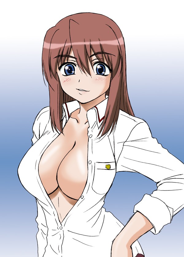 1girl bamboo_blade blue_eyes blush breasts brown_hair cleavage female gradient gradient_background kuwahara_sayako solo