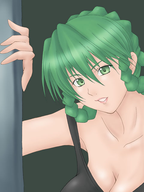 artist_request blush breasts cleavage collarbone green_eyes green_hair head_tilt large_breasts looking_at_viewer mina_likering short_hair sleeveless solo super_robot_wars super_robot_wars_f tank_top upper_body
