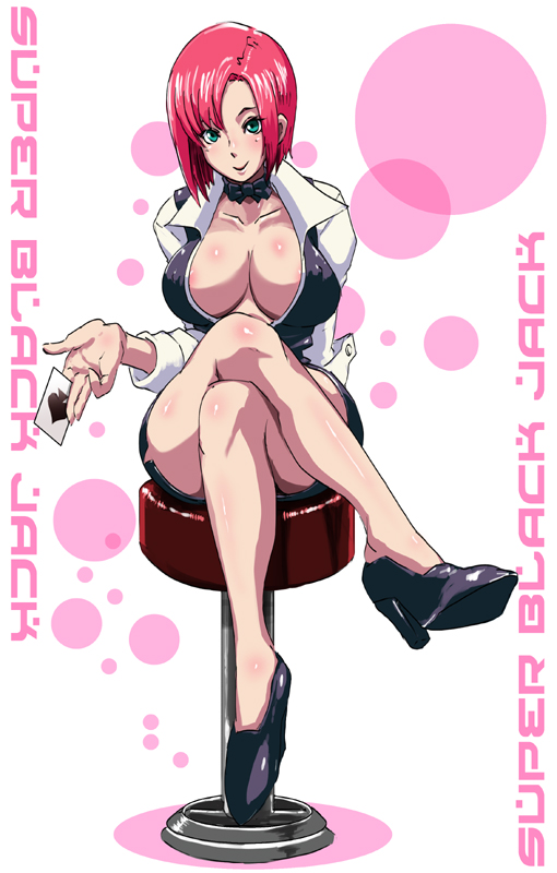breasts butcha-u card cleavage covered_nipples crossed_legs croupier green_eyes holding holding_card horrible_shading large_breasts pink_hair rio_rollins sitting solo super_blackjack