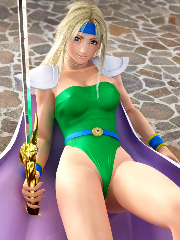 3d armor ass_visible_through_thighs belt blonde_hair blue_eyes breasts breasts_apart cape celes_chere choker cleavage collarbone covered_nipples cowboy_shot final_fantasy final_fantasy_vi from_above groin headband highleg highleg_leotard holding holding_sword holding_weapon large_breasts leotard light_smile lips long_hair looking_at_viewer lying m-rs on_back pauldrons reflection sidelocks smile solo strapless strapless_leotard sword taut_clothes weapon wristband