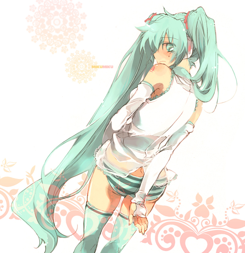 back butt_crack elbow_gloves gloves green_hair hatsune_miku jonejung long_hair looking_back panties ribbon solo striped striped_panties thighhighs twintails underwear vocaloid