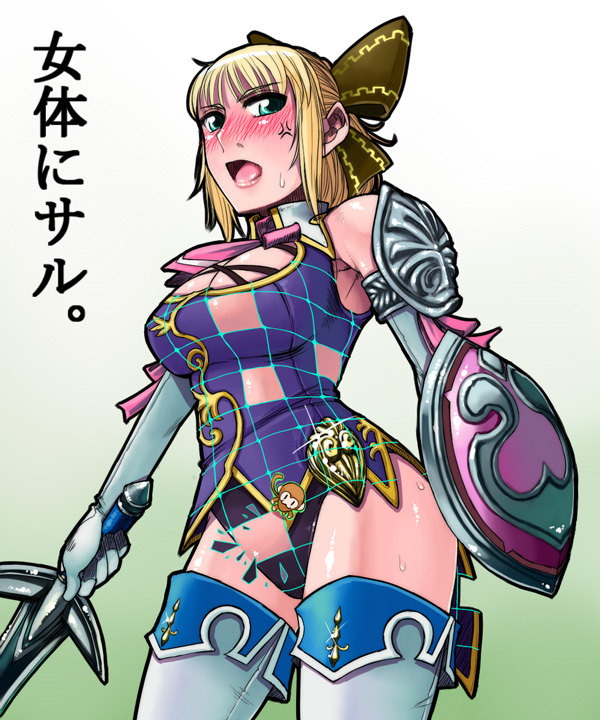 angry armpits bare_shoulders blonde_hair blush bow cassandra_alexandra dancing_eyes gloves green_eyes hair_bow leotard misonou_hirokichi monkey necktie open_mouth pink_neckwear shield shoulder_pads solo soulcalibur sweatdrop sword thighhighs translation_request weapon