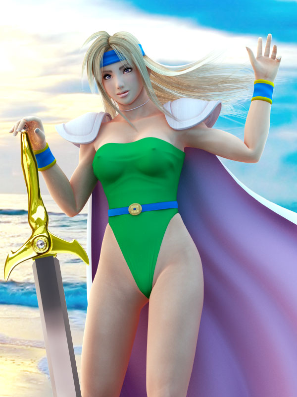 3d armor armpits beach belt blonde_hair blue_eyes breasts cape celes_chere choker cleavage cloud covered_nipples cowboy_shot day final_fantasy final_fantasy_vi floating_hair hand_on_hilt hand_up headband large_breasts leotard long_hair looking_at_viewer m-rs ocean outdoors pauldrons planted_sword planted_weapon realistic sidelocks sky solo standing strapless strapless_leotard sword taut_clothes water waving weapon wristband