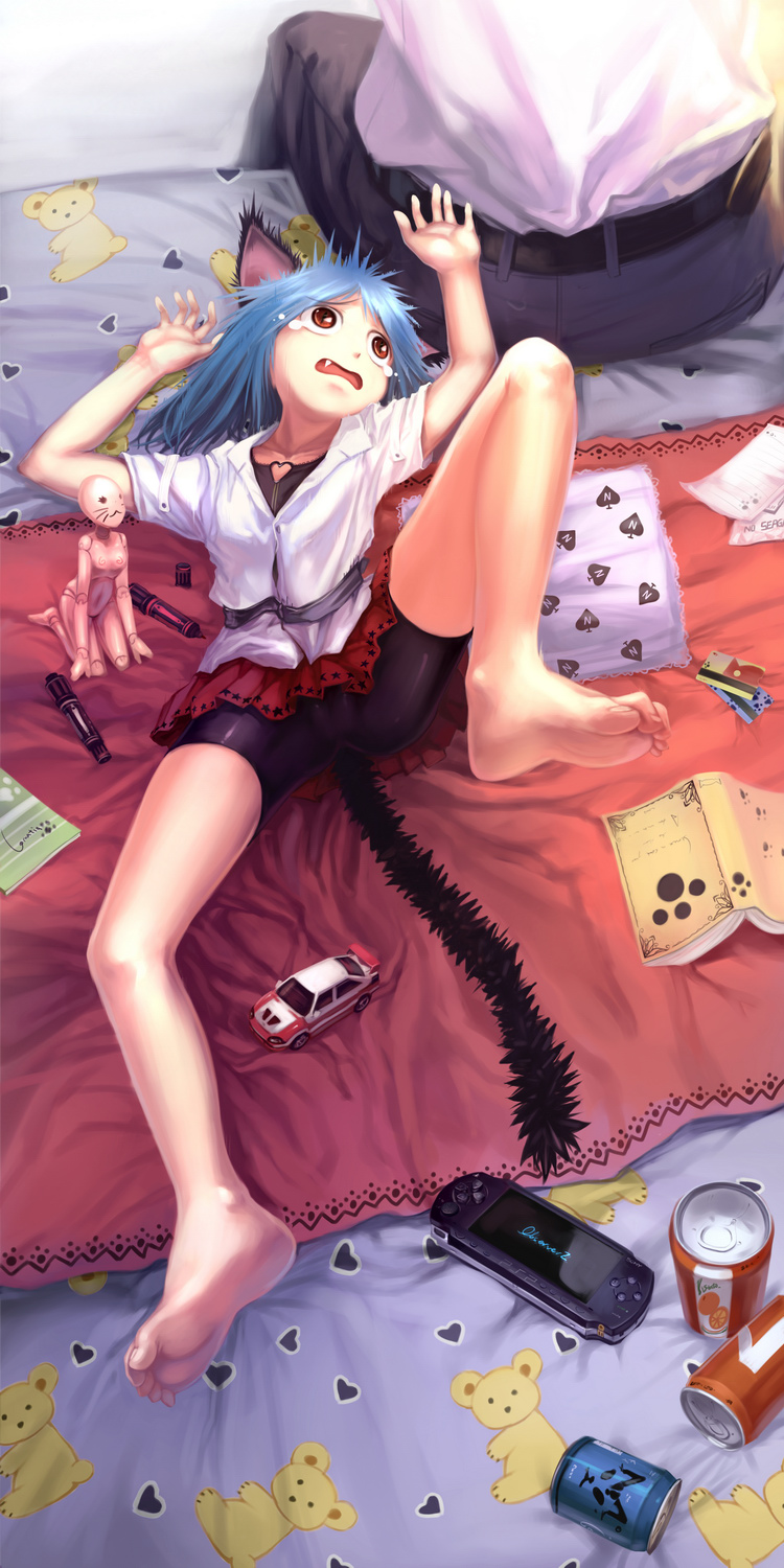 animal_ears bad_id bad_pixiv_id barefoot bike_shorts blue_hair book brown_eyes can cat_ears cat_tail doll fang feet handheld_game_console highres legs marker observerz original pillow playstation_portable skirt solo tail tears