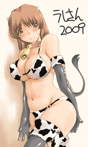 2009 animal_print bell bell_collar bikini breasts brown_hair collar covered_nipples cow_bell cow_girl cow_print cow_tail elbow_gloves gloves horns ishida_masayuki large_breasts new_year original solo swimsuit tail thighhighs