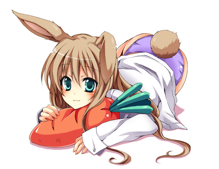 :3 animal_ears aqua_eyes brown_hair bunny_ears bunny_tail carrot kubyou_azami original panties solo tail underwear