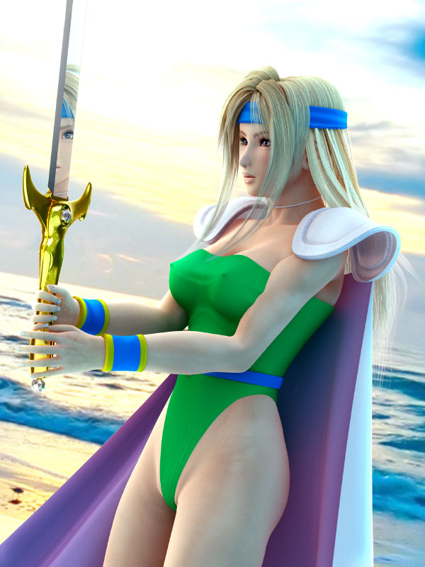 3d armor beach belt blonde_hair blue_eyes breasts cape celes_chere choker cleavage cloud covered_nipples cowboy_shot day final_fantasy final_fantasy_vi from_side groin headband highleg highleg_leotard holding holding_sword holding_weapon large_breasts leotard lips long_hair looking_to_the_side m-rs ocean outdoors parted_lips pauldrons reflection sideboob sky solo standing sword taut_clothes water weapon wristband