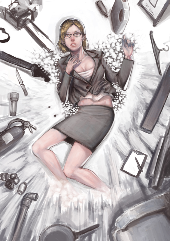 bad_id bad_pixiv_id blonde_hair breasts chainsaw cleavage clipboard clothes_hanger dead_rising dead_rising_1 fenris fire_extinguisher flashlight formal frying_pan glasses guitar instrument jacket jessica_mccarney knife lantern large_breasts lying office_lady pencil_skirt short_hair skirt skirt_suit solo suit weapon