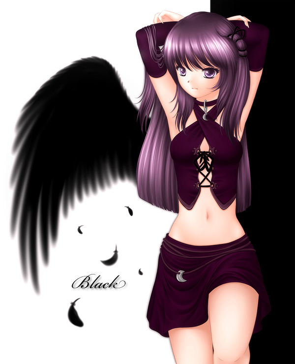 black copyright_request elbow_gloves gloves high_contrast hitana navel pose purple_eyes purple_hair solo wings
