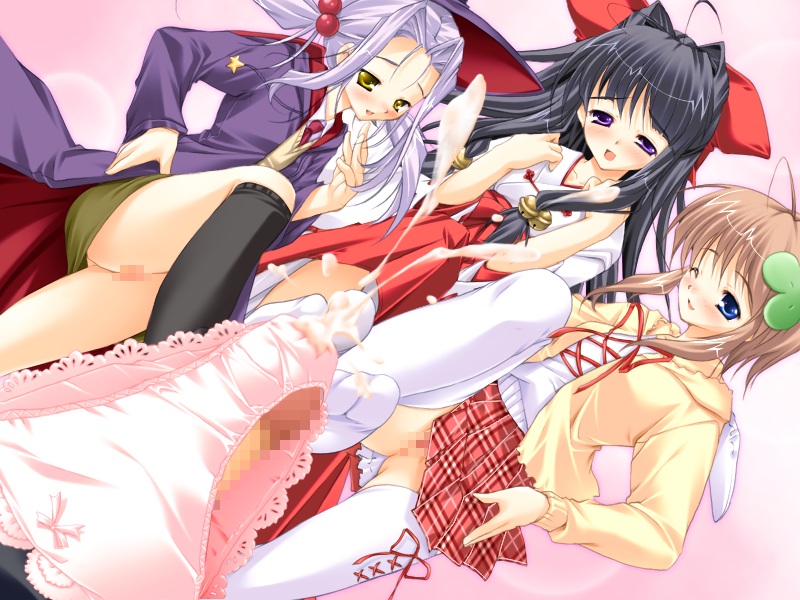 3girls artist_request black_hair blue_eyes blue_hair brown_hair censored character_request multiple_girls naughty_face panties panty_on_penis pantyjob skirt thighhighs underwear upskirt yellow_eyes