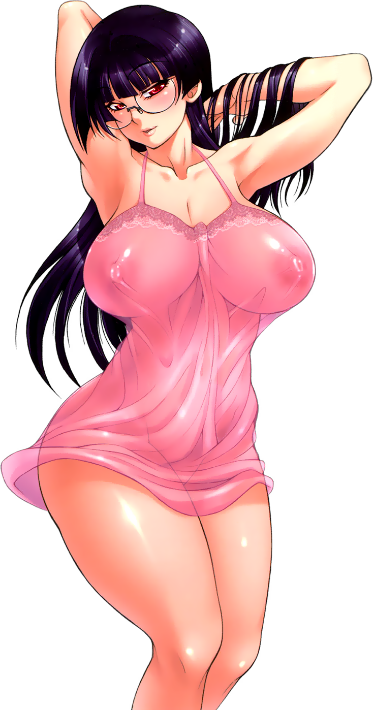 adjusting_hair andou_hiroyuki armpits arms_up black_hair breasts chemise copyright_request curvy glasses highres huge_breasts long_hair nipples solo transparent_background