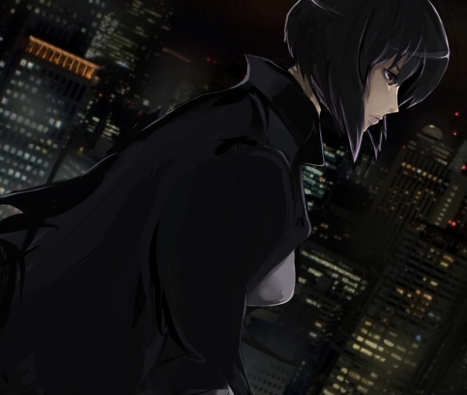 city cityscape cyborg dutch_angle ghost_in_the_shell ghost_in_the_shell_stand_alone_complex jacket kusanagi_motoko purple_hair red_eyes short_hair solo tanashin