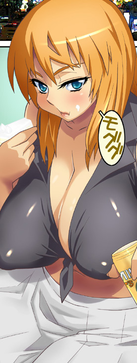 alcohol beer blue_eyes breasts cleavage copyright_request curvy eating huge_breasts midriff preview solo tetrodotoxin